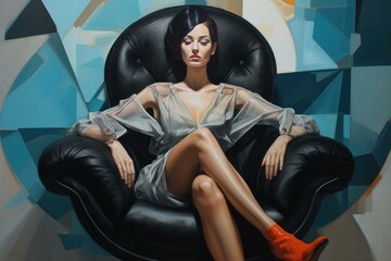 Stylized painting of a woman seated in a black chair, with vivid geometric patterns