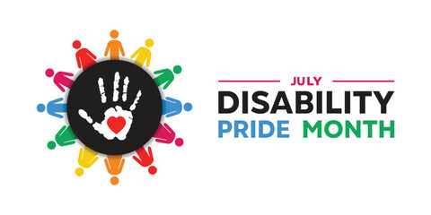 
Disability Pride Month. People, hand and heart. Great for cards, banners, posters, social media and more. White background.  