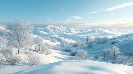 winter landscape with snow-covered hills and trees. The sky is blue and the sun is shining.