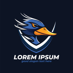 Fototapeta premium Duck logo mascot design vector, duck with shield illustration, duck mascot esport logo design