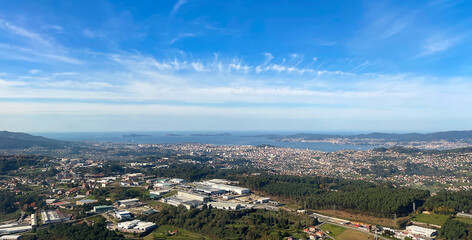 Aerial view of Vigo and its surroundings, the estuary, the sea and the mountains
