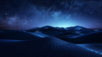 The dark blue sky with stars and dunes in the desert