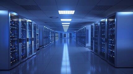 A long, brightly lit hallway with rows of server racks on either side. The floor is made of reflective material, and the ceiling is lined with fluorescent lights.