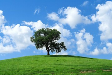 Fototapeta na wymiar A tree sits on top of a green field under blue sky and clouds