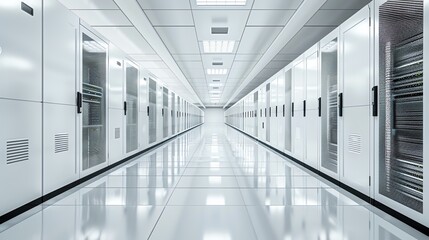 A long, white hallway with shiny floor tiles. Tall metal cabinets with glass doors line both sides of the hall.