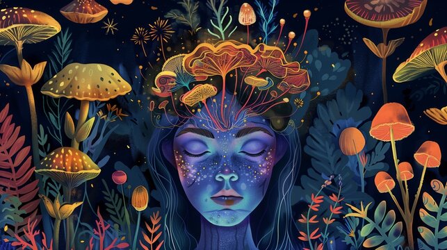 An illustration of a woman with mushrooms sprouting from her head, surrounded by mystical symbols and nature