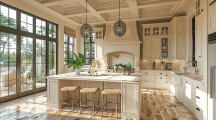 A blend of sophistication and comfort defines this luxury kitchen, with its white interior, wooden floor, and a central kitchen island designed for both aesthetics and practicality.