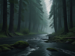 A monstrous river runs through a forest in the foreground. Leaning forest trees. Leaves are dark green