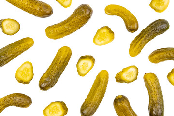 Pattern of pickled cucumbers on white feed from above