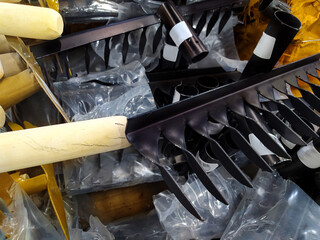 Garden rake in a store close-up