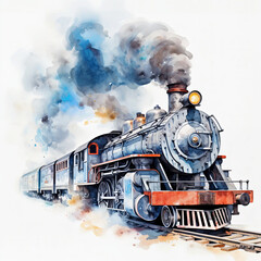Obraz premium A hyper-realistic illustration of a classic steam engine train emerging from a tunnel, its smoke billowing into the air in graceful watercolor swirls, symbolizing power and progress.