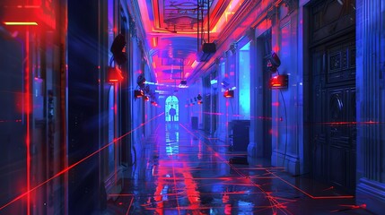 a corridor with laser beam security 