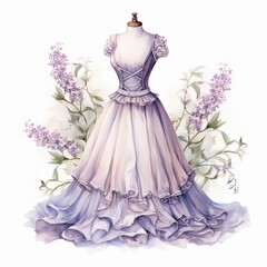 Fototapeta premium Soft retro watercolor clipart, Victorian dress on a mannequin, beside a lilac bush
