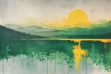 Grunge image of mountain landscape with lake and sun on grunge background