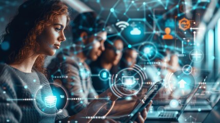 People using smart devices to connect to a secured internet network, integrating IoT and cloud computing for seamless communication technology.