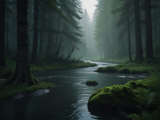 A monstrous river runs through a forest in the foreground. Leaning forest trees. Leaves are dark green
