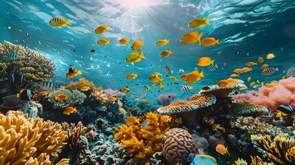 School of Tropical Fish Amidst Vibrant Coral Colonies in Crystal Clear Shallows of a Pristine Reef