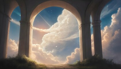 An archway of clouds and light leading to the cel