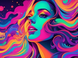 bold neon colors, cartoon style illustration of a woman as she sees the world while experiencing hallucinations, stoned, splash art, splashed neon colors Generative AI