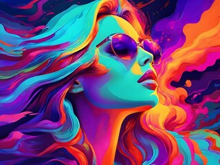 Naklejka premium bold neon colors, cartoon style illustration of a woman as she sees the world while experiencing hallucinations, stoned, splash art, splashed neon colors Generative AI
