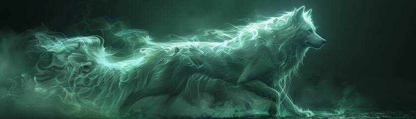 A green and white wolf is running through a misty, smokey background