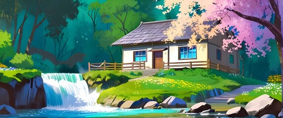 Beautiful house in the woods with spring flowers, waterfalls and streams. Illustration. Generative AI