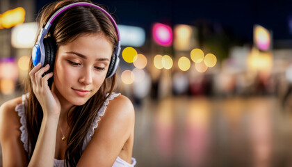 Girl Listening to Music with Headphones in Urban Night Setting