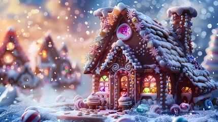 Obraz premium Enchanting Gingerbread Cottage in Snowy Winter Wonderland with Twinkling Lights and Festive Decor