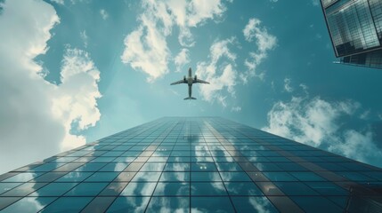 Airplane flying above modern glass office building under a clear blue sky, a metaphor for global business and travel