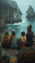 Back view of Four young women sitting on the shore of the cold northern sea and looking at the rocks, vertical image 