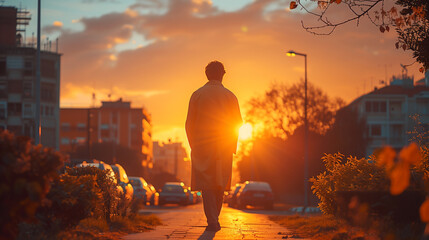 The silhouette of back view of a man walking on small empty city street against the background of the setting sun and the bright orange sky, everyday life