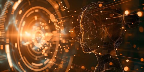 Obraz premium Futuristic AR technology with interactive hologram person in global business network. Concept Futuristic Technology, Augmented Reality, Interactive Hologram, Global Business Network