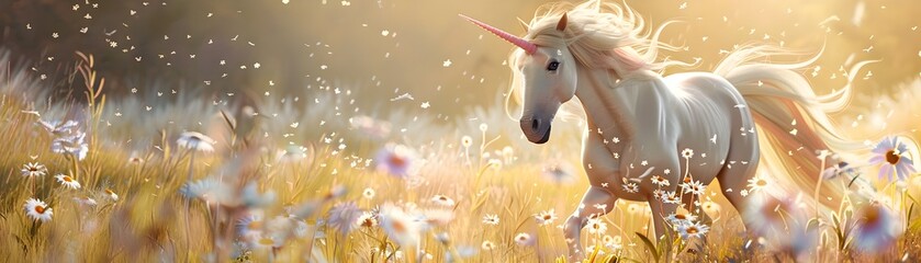 Majestic Unicorn with Rainbow Mane Prancing Through Daisy Filled Meadow