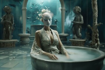 Serene woman with an otherworldly appearance sits in a foggy, mythic bathhouse setting