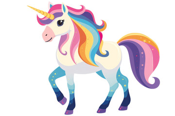 A beautiful unicorn with a rainbow mane and tail. It is standing on a white background. The unicorn is smiling and has a happy expression on its face.