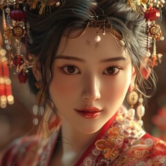 Captivating Smile of a Chinese Female Model Adorned in Traditional Attire and Jewelry