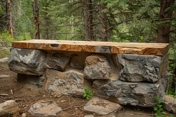 Obraz premium Rocky mountain ledge with a timber podium, offering a sturdy, robust setting for rugged outdoor equipment