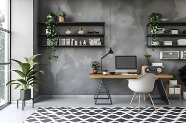 Modern Home Office. Modern home office with plants and minimalist decor