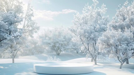 Snowy outdoor scene with a frosted podium, perfect for showcasing winter sports gear against a crisp, white background