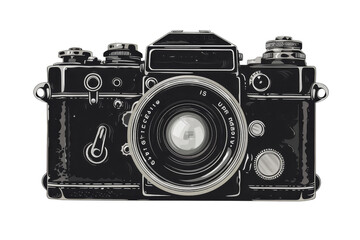 vintage black and white film camera with a large lens. The camera is in focus and there is a slight vignette around the edges of the image.