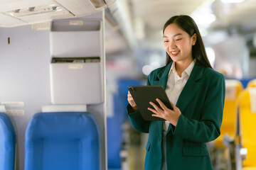 Asian woman holding tablet while sitting on airplane near window during flight, travel and business concept