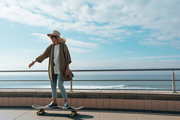 Stylish middle-aged woman skateboarding by the sea, wearing a hat and a cozy cardigan