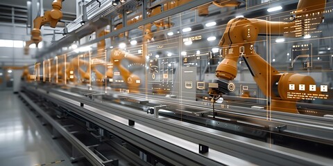 Engineers in a hightech factory use digitalized graphics on automated machinery. Concept High-Tech Factory, Engineers, Digital Graphics, Automated Machinery, Manufacturing Industry