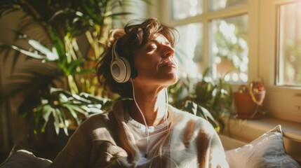 A woman in a cozy room, wearing headphones, looking up with a serene expression, surrounded by plants and natural light.