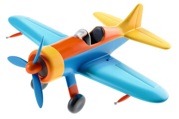 3D rendering of a yellow, blue, and orange airplane.