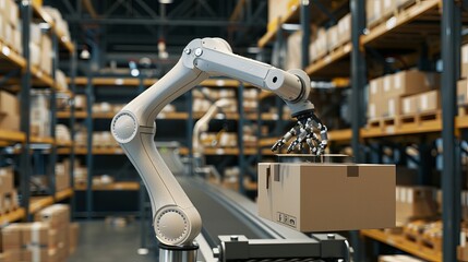 An industrial robot arm retrieves a cardboard box from a roller conveyor rack in a storage warehouse. 3D rendering.