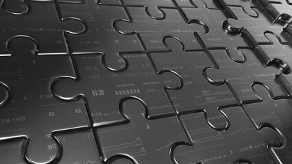 3D Puzzle jigsaw close cover technological 3d Animation. sci fi hud User Interface abstract intro for title logo bg black white