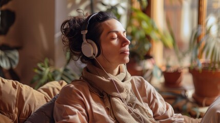 Obraz premium A woman in a cozy room wearing headphones and a scarf appears relaxed and immersed in music or an audio program surrounded by potted plants that add a touch of nature to the setting.