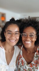 Fototapeta premium Two smiling women with curly hair and glasses embracing each other wearing white and floral tops in a warmly lit room with blurred background.