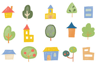 家と木のイラスト素材集_クレヨン風